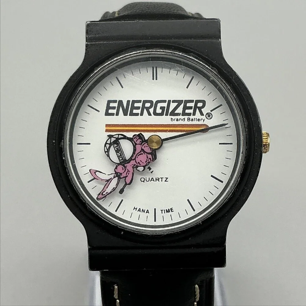 Hana Time Mens Watch 33mm White Dial Energizer Bunny Black Leather New Battery